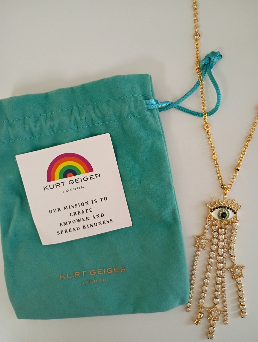 Kurt Geiger Gold Crystal Evil Eye Hamsa Fringe Pendant Necklace